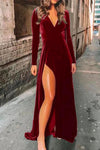 Nikkimoda V Neck High Split Velvet Maxi Party Dress