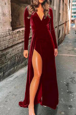 Nikkimoda V Neck High Split Velvet Maxi Party Dress