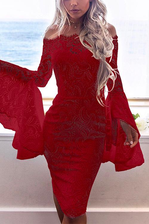 Nikkimoda Off Shoulder Bell Sleeves Lace Bodycon Dress
