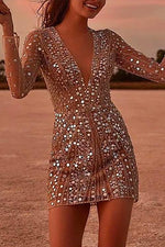 Nikkimoda Deep V Neck Mesh Sequin Party Dress