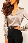 Nikkimoda Kristie V Neck Long Sleeves Satin Blouses