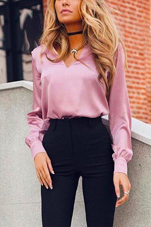 Nikkimoda Kristie V Neck Long Sleeves Satin Blouses