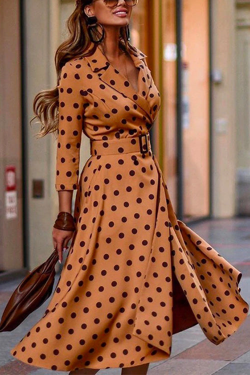 Nikkimoda Lapel Belted Polka Dot Shirt Dress