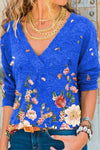 Nikkimoda V Neck Floral Printed Long Sleeve Tees