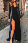 Nikkimoda V Neck High Split Velvet Maxi Party Dress