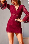 Nikkimoda V Neck Bell Sleeves Lace Mini Dress