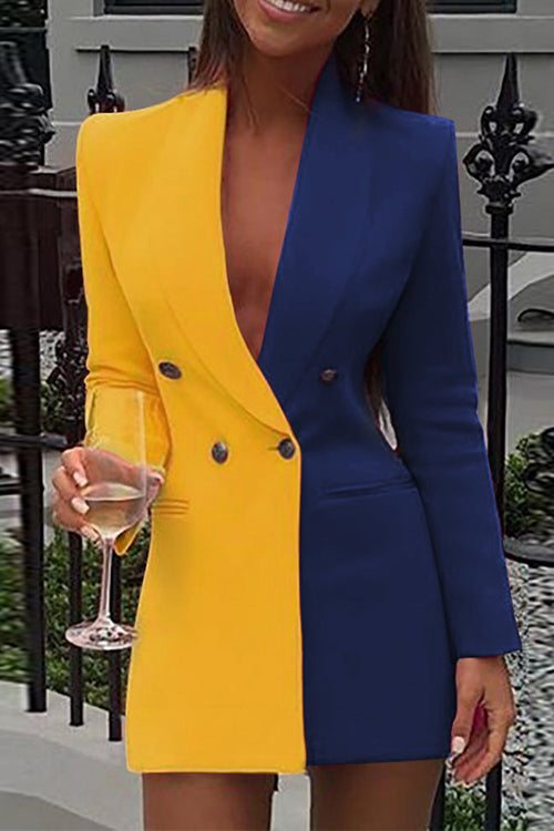 Nikkimoda Deep V Neck Color Block Splice Blazer Dress