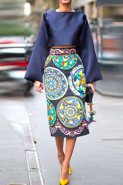 Nikkimoda Bell Sleeve Crop top and Printed Skirt Sets
