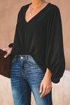 Nikkimoda V Neck Lantern Sleeves Solid Oversized Shirt