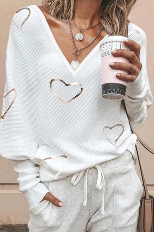 Nikkimoda V Neck Bronzing Heart Print Pullover Sweater