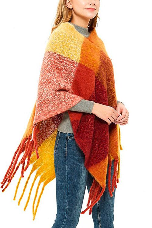 Nikkimoda Rainbow Plaid Tassel Shawl Cloak