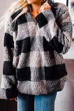 Nikkimoda 1/4 Zip Up Lapel Fleece Plaid Sweatshirt