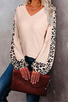 Nikkimoda V Neck Lantern Sleeve Leopard Splice Tops