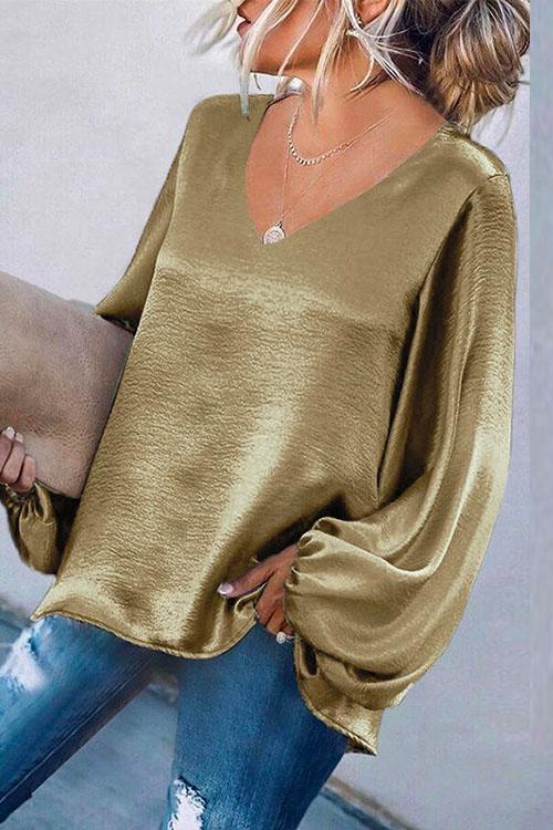 Nikkimoda V Neck Lantern Sleeve Solid Tunic Top