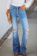 Nikkimoda Buttons Ripped Bell Bottom Jeans