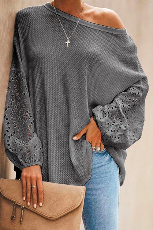 Nikkimoda Hollow Out Long Sleeves Waffle Knit Pullovers