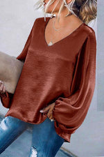 Nikkimoda V Neck Lantern Sleeve Solid Tunic Top