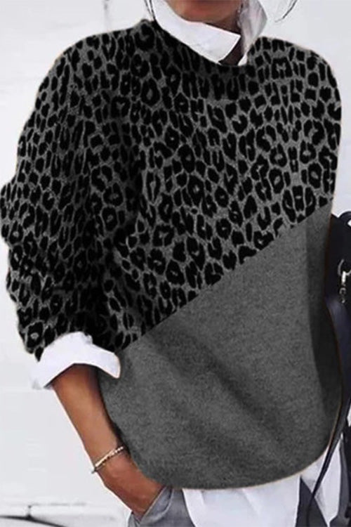 Nikkimoda Casual Leopard Splice Pullover Sweater