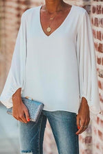 Nikkimoda V Neck Lantern Sleeves Solid Oversized Shirt