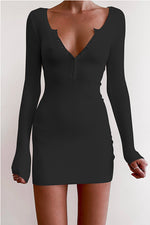 Nikkimoda V Neck Buttons Solid Bodycon Dress