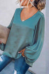 Nikkimoda V Neck Lantern Sleeve Solid Tunic Top