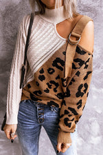 Nikkimoda Turtleneck Cold Shoulder Leopard Splice Sweater