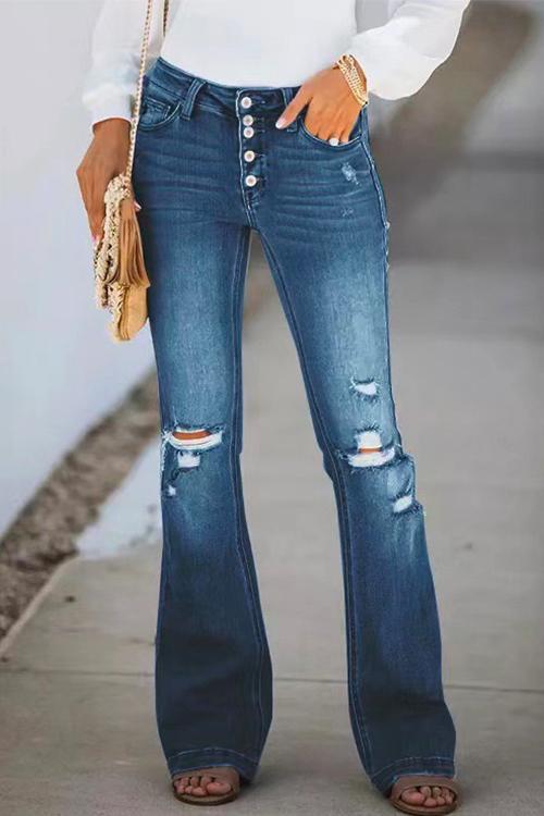 Nikkimoda Buttons Ripped Bell Bottom Jeans