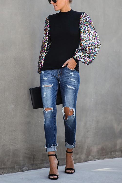 Nikkimoda Sequin Lantern Sleeve Sparkle Blouses