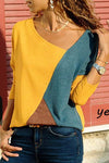 Nikkimoda Color Block V-neck Long Sleeves Basic Tops