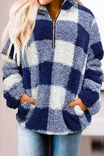 Nikkimoda 1/4 Zip Up Lapel Fleece Plaid Sweatshirt