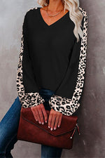 Nikkimoda V Neck Lantern Sleeve Leopard Splice Tops