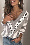 Nikkimoda V Neck Leopard Splice Stripes Sweaters