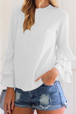 Nikkimoda Crewneck Ruffle Sleeve Solid Chiffon Shirt