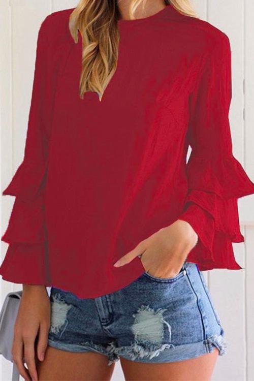 Nikkimoda Crewneck Ruffle Sleeve Solid Chiffon Shirt