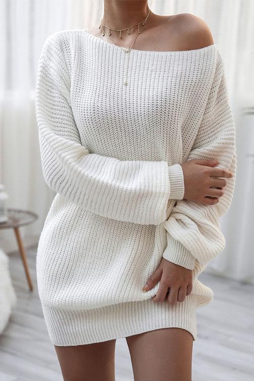 Nikkimoda Off Shoulder Lantern Sleeve Solid Sweater Dress