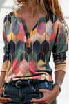 Nikkimoda V Neck Buttons Color Block Printed Bottoming Shirt