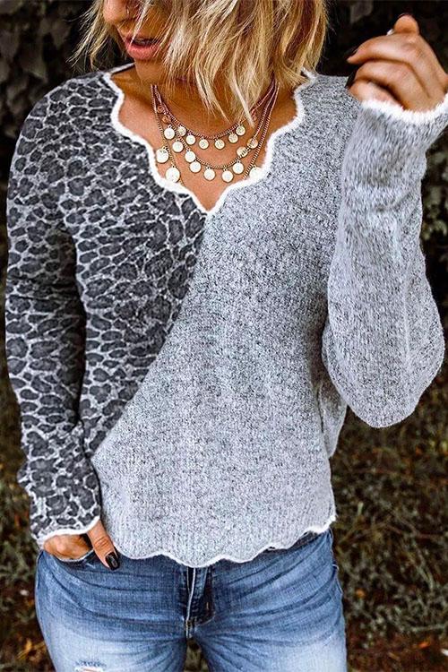 Nikkimoda V Neck Leopard Splice Pullover Sweater