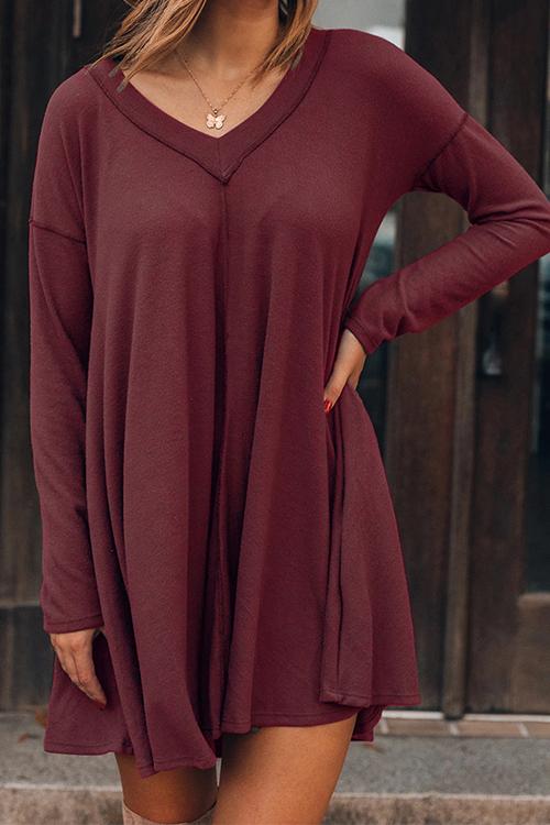 Nikkimoda V Neck Drop Shoulder Solid Swing Dress