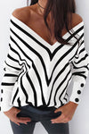 Nikkimoda V Neck Off Shoulder Stripes Sweater