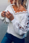 Nikkimoda V Neck Lace Splice Hollow Out Fuzzy Sweater