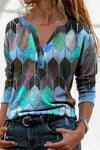 Nikkimoda V Neck Buttons Color Block Printed Bottoming Shirt