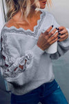 Nikkimoda V Neck Lace Splice Hollow Out Fuzzy Sweater