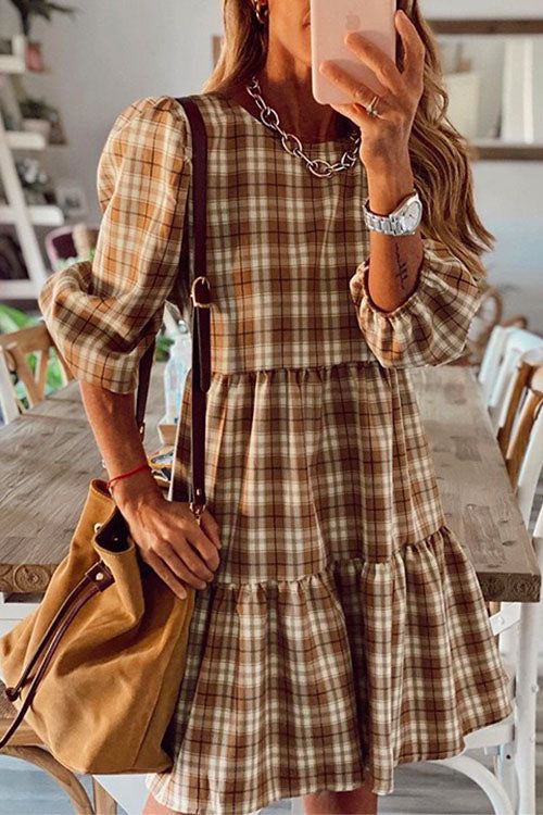 Nikkimoda 3/4 Sleeve Plaid Swing Dress