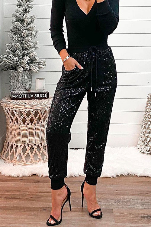 Nikkimoda Drawstring Waist Sequin Club Pants