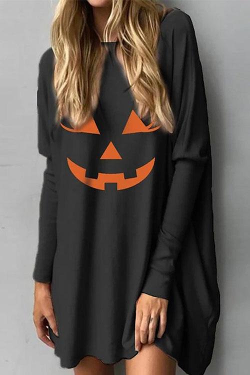 Nikkimoda Halloween Smile Print Long Sleeve Dress