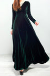 Nikkimoda V Neck High Waist Pleated Velvet Long Dress