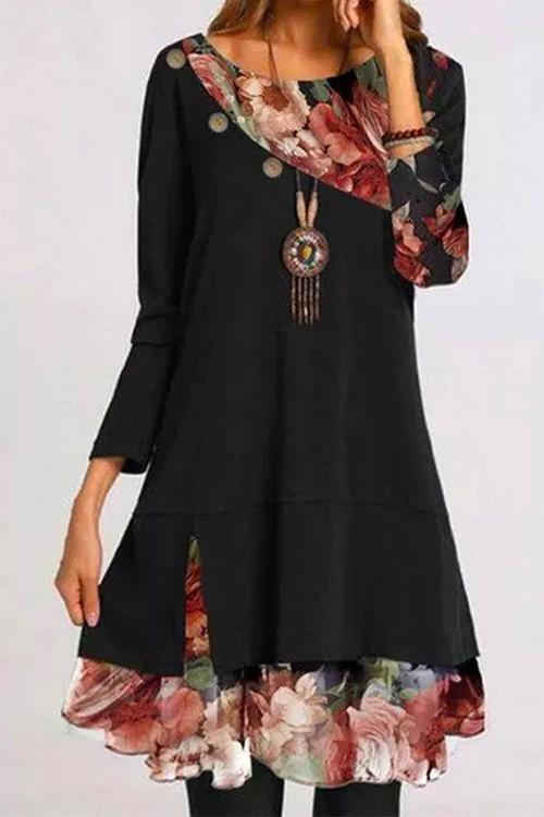 Nikkimoda Chiffon Floral Splice Long Sleeves Dress