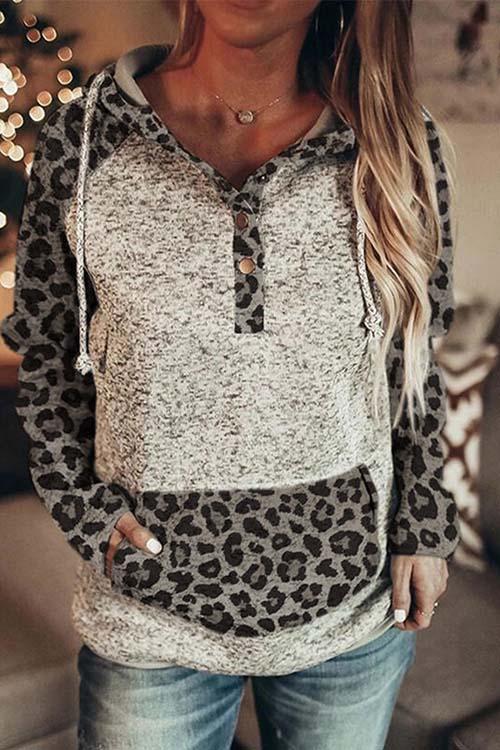 Nikkimoda Leopard Splice Buttons Drawstring Hoodied Sweatshirt