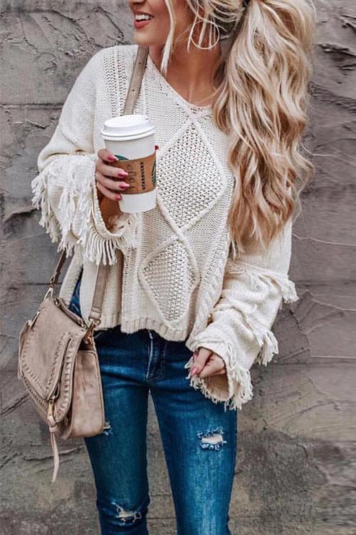 Nikkimoda Tassel Bell Sleeve Loose Knitting Pullover