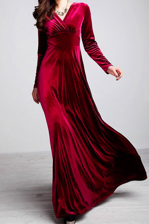 Nikkimoda V Neck High Waist Pleated Velvet Long Dress